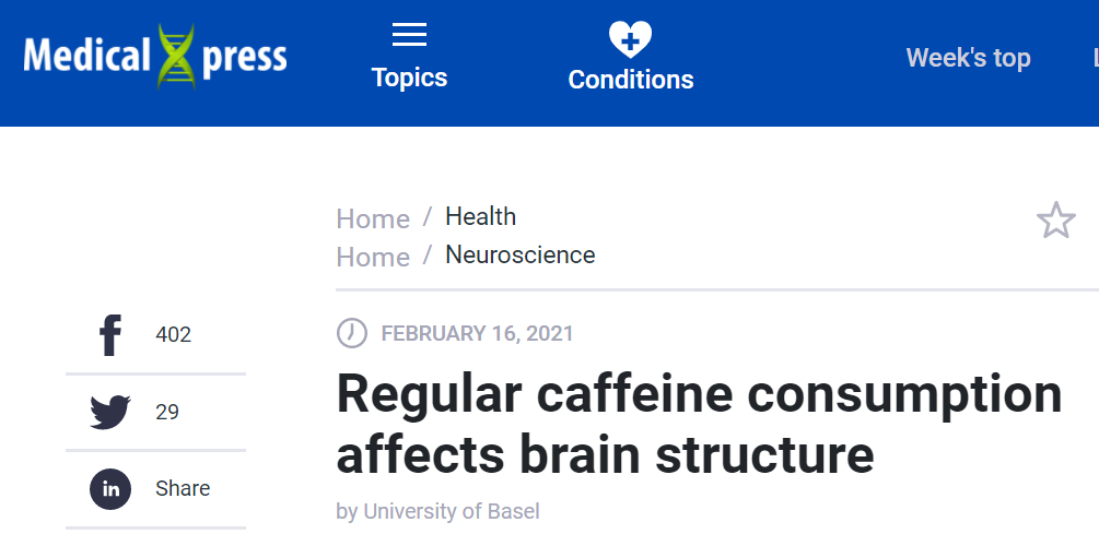 瑞士巴塞尔大学：定期摄入咖啡因可以改变大脑灰质(图1)